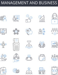 Management and business line icons collection. Administration, Leadership, Governance, Supervision, Direction, Control, Coordination vector and linear illustration. Organization,Oversight,Regulation