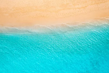 Stoff pro Meter Relaxing sand waves aerial beach, summer vacation tropical Mediterranean landscape banner. Amazing blue ocean lagoon, sea shore coastline. Beautiful aerial drone top view. Peaceful beach, seaside surf © icemanphotos