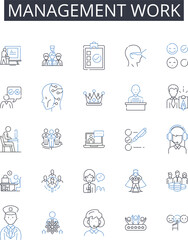 Management work line icons collection. Coordination collaboration, Supervision oversight, Delegation assignment, Administration governance, Direction control, Conduct performance, Execution