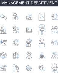Management department line icons collection. Marketing team, Finance unit, Sales division, Human resources, Project office, Development sector, Quality control vector and linear illustration. Public