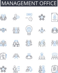 Management office line icons collection. Administration department, Governance center, Supervisory agency, Leadership quarters, Directional unit, Oversight hub, Executive office vector and linear