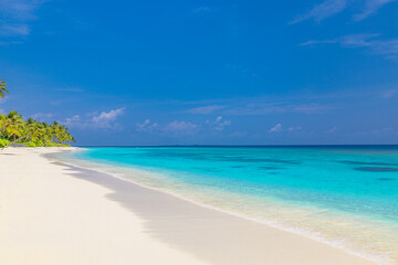Fototapeta na wymiar Paradise island beach. Tropical landscape of summer sea sand sky palm trees. Tranquil freedom travel vacation destination. Exotic beach landscape. Beautiful nature. Relax, idyllic amazing Maldives