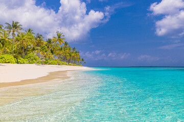 Paradise island beach. Tropical landscape of summer sea sand sky palm trees. Tranquil freedom travel vacation destination. Exotic beach landscape. Beautiful nature. Relax, idyllic amazing Maldives