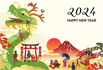 Fototapeta premium 大きな辰と人々の和風な2024年辰年の年賀状テンプレート(ベクターイラスト)