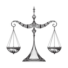 Libra zodiac sign, vintage scales for weighing, symbol of justice, equilibrium and balance. Vector hand drawn tattoo isolated on white background, engraving stylization.