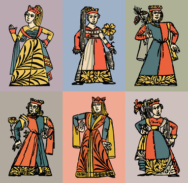 Set of colorful illustrations of medieval queens. Vector illustration.