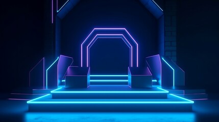 Fototapeta na wymiar The design features a neon background adorned with luminous geometric shapes, natural stones, and a podium, rendered to create a visually captivating effect. Generative AI