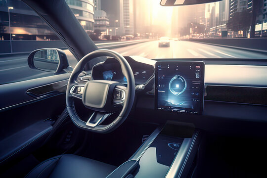 Intelligent cars driving in cities.AI technology generated image