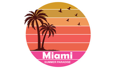 Naklejka premium Miami Summer Paradise T-shirt Design Vector Illustration and apparel vector design, print, typography, poster, emblem with palm trees. With Surfing Man, Vector Print Design Artwork, Summer T-shirt