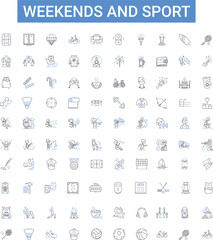 Weekends and sport outline icons collection. Weekend, Sport, Recreation, Leisure, Play, Games, Athletics vector illustration set. Activities, Outdoors, Hunt line signs
