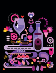 Colour design isolated on a black background Cocktail Making vector illustration. Creative mix of cocktail glasses with fruit slices, bottles of alcohol drink and abstract decorative elements.