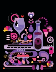 Fotobehang Colour design isolated on a black background Cocktail Making vector illustration. Creative mix of cocktail glasses with fruit slices, bottles of alcohol drink and abstract decorative elements. ©  danjazzia