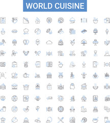Fototapeta premium World Cuisine outline icons collection. international, flavors, recipes, foods, dishes, cooking, cultures vector illustration set. countries, taste, traditions line signs