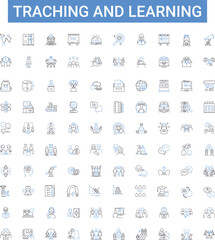 Traching and learning outline icons collection. Teaching, Learning, Education, Instruction, Curriculum, Assessment, Methodology vector illustration set. Academic, Knowledge, skill line signs