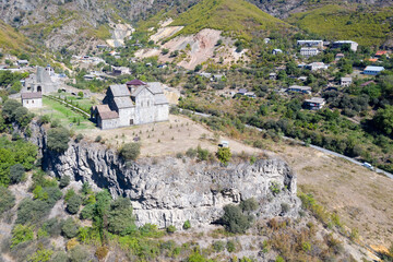 Aerial view of Akhtala Monastery on sunny summer day. Lori Province, Armenia.