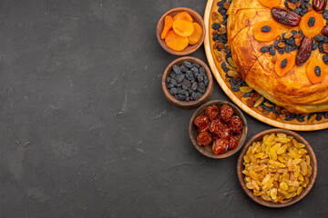 top view yummy shakh plov with raisins on grey background rice cooking meal dinner food dough
