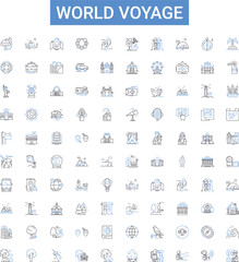 World voyage outline icons collection. Voyage, World, Tour, Journey, Travel, Exploration, Adventure vector illustration set. Cruise, Safari, Expedition line signs