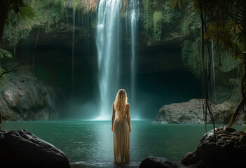 Fototapeta premium young woman looking at a waterfall