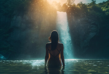 young woman looking at a waterfall