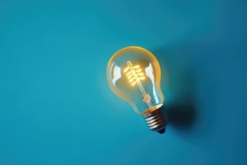 Yellow light bulb on blue background. Idea concept. Flat lay. Copy space. 