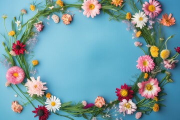 Flat lay flowers on a blue background, top view, wreath of flowers. Copy space. Spring concept. Generative ai. 