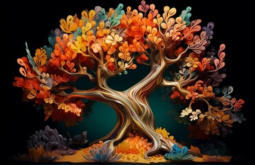 3D colorful tree in the dark background, 3d abstraction wallpaper for interior mural wall art decor, Generative Ai.