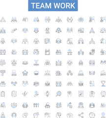 Team work outline icons collection. Collaboration, Cooperation, Unison, Combine, Alliance, Synergy, Interdependence vector illustration set. Congregate, Guild, Unity line signs