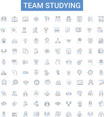 Team studying outline icons collection. Team, studying, colleagues, group, learn, collaborate, research vector illustration set. knowledge, skills, review line signs