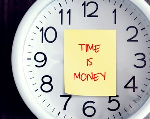 White alarm clock with note written TIME IS MONEY , meaning time is precious for those who want to...