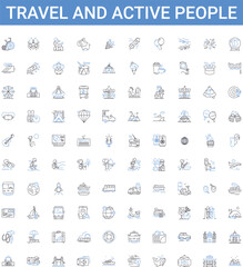 Travel and active people outline icons collection. Travellers, Active, Adventurers, Explorers, Trekkers, Hikers, Nomads vector illustration set. Wanderers, Journeyers, Excursionists line signs