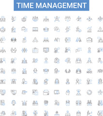 Time management outline icons collection. Planning, Discipline, Prioritization, Efficiency, Tracking, Scheduling, Focus vector illustration set. Multitasking, Goal, Deadline line signs