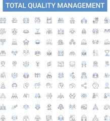 Total Quality Management outline icons collection. TQM, Quality, Control, System, Process, Improvement, Assurance vector illustration set. Standardization, Strategies, Evaluation line signs