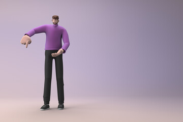 Man in casual clothes making gestures while talking. 3D rendering of a cartoon character