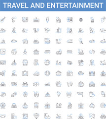 Travel and entertainment outline icons collection. Tourism, Vacation, Leisure, Cruise, Adventure, Sightseeing, Amusement vector illustration set. Entertainment, Exploration, Airfare line signs