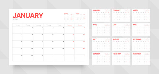 Monthly calendar template for 2024 year. Wall calendar grid in a minimalist style. Week Starts on Monday. Planner for 2024 year.