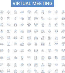 Virtual meeting outline icons collection. Online, Conferencing, Videoconferencing, Webinar, Teleconferencing, Zoom, Hangout vector illustration set. Collaboration, Gatherings, Webcasting line signs