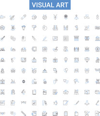 visual art outline icons collection. Painting, Drawing, Sculpture, Printmaking, Collage, Photography, Mixed-Media vector illustration set. Ceramics, Assemblage, Installation line signs