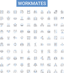 Workmates outline icons collection. Colleagues, Coworkers, Peers, Associates, Comrades, Teammates, Partners vector illustration set. Friends, Laborers, Mates line signs