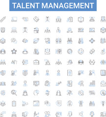 Talent management outline icons collection. Talent, Management, Recruitment, Retention, Engagement, Hiring, Performance vector illustration set. Assessment, Succession, Training line signs