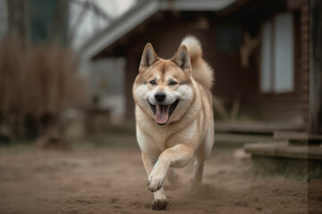 Red Akita Inu dog running wildly in a park, in village with open mouth, house in the background. Generated Ai