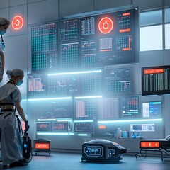 Obraz premium This striking image depicts a futuristic scene in which a patient is receiving advanced medical care from a range of cutting-edge technologies. The patient is shown receiving treatment from robot.