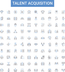 Talent acquisition outline icons collection. Recruiting, Hiring, Staffing, Sourcing, Screening, Attracting, Job-Seeking vector illustration set. Interviewing, Onboarding, Engaging line signs