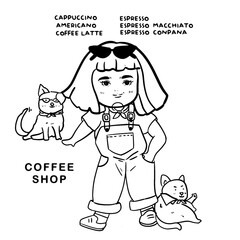 Hand draw girl with puppy's in the coffee shop.