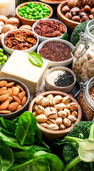 Vegan protein. Plant based vegetarian food sources. Healthy eating, diet ingredients: legumes, beans, nuts, alternative milk, tofu, vegetables, seeds and sprouts. Food background. Top view