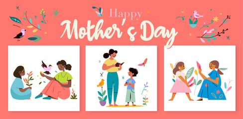 Fototapeta na wymiar Motherhood concept set. Mom and kid playing, sitting together, hugging and or raising. Great for Mother’s Day, birthdays, Easter, child childbirth, and newborn celebration. Multiple races. Cartoon