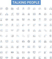 Talking people outline icons collection. Conversing, Chattering, Chatting, Discussing, Dialoguing, Interacting, Speaking vector illustration set. Communicating, Gossiping, Prating line signs