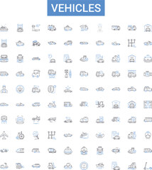 Vehicles outline icons collection. Cars, Trucks, Buses, Motors, Boats, Motorbikes, Scooters vector illustration set. Vans, Lorries, Trailers line signs