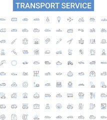 Transport service outline icons collection. Transportation, Shipping, Delivery, Courier, Logistics, Freight, Moving vector illustration set. Hauling, Cruise, Rail line signs