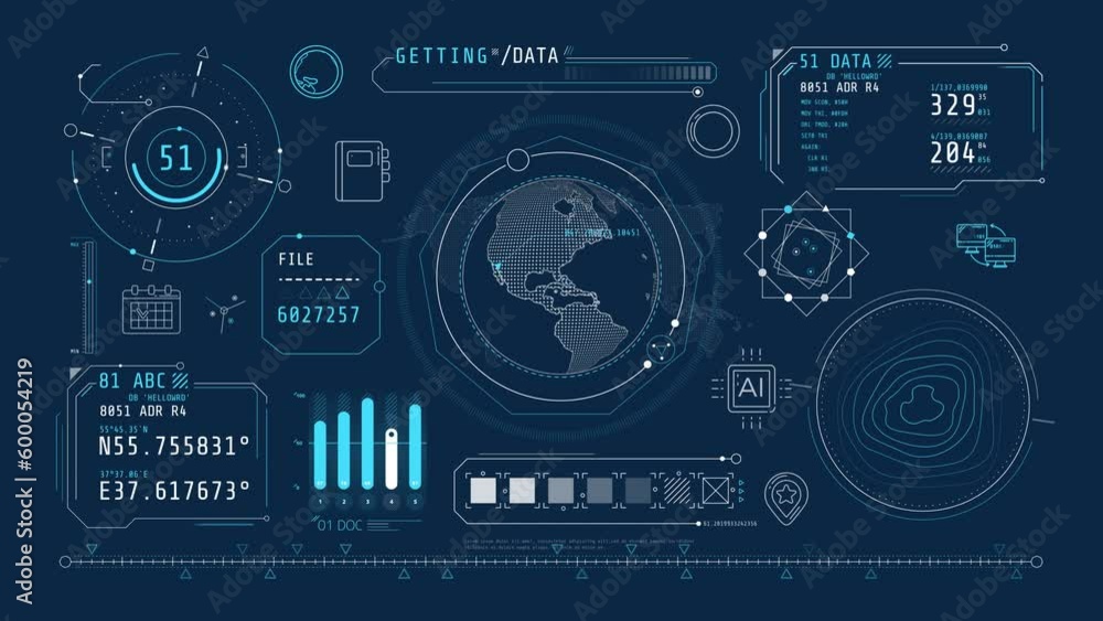 Poster animated infographics on the theme of geolocation and data exchange.