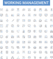 Working management outline icons collection. Workforce, Management, Organizing, Supervising, Directing, Planning, Coordinating vector illustration set. Scheduling, Strategizing, Prioritizing line
